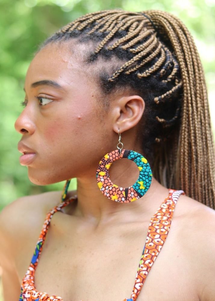 African Print Open Circle Hook Dangle Earrings